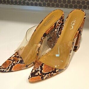 LUGO Women's Snake Print Clear Panel Pointed Toe Block Heel Mule 6 B